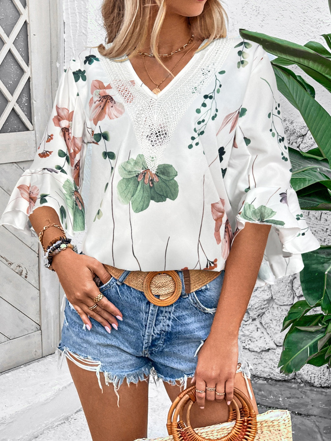 Feminine  Ruffled Printed V-Neck Half Sleeve Blouse