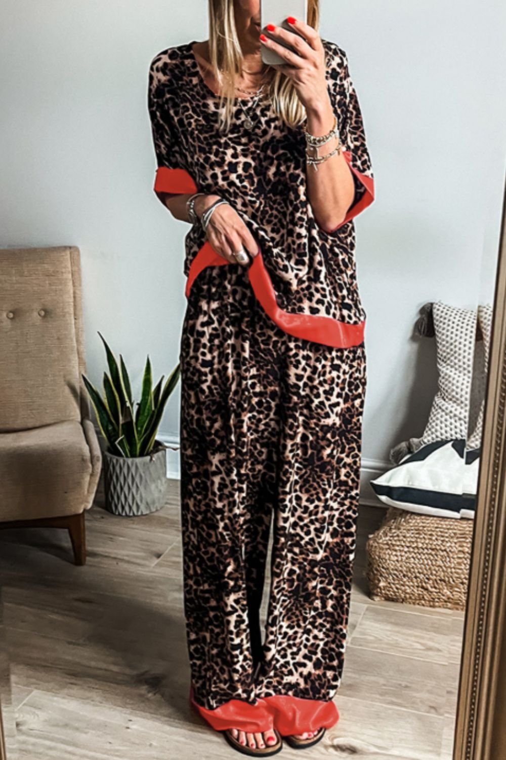 Leopard Round Neck Top and Pants Lounge Set