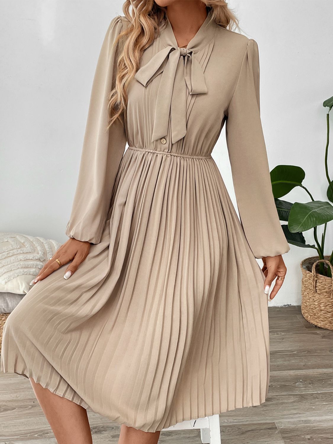 Work or Office Tie Neck Long Sleeve Midi Dress