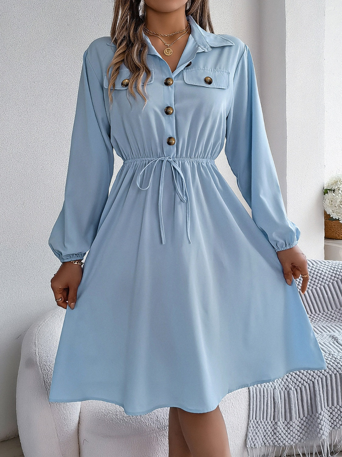 Collared Neck Long Sleeve Midi Dress with Pockets