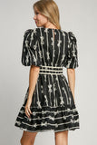 Ribbon Print Frill Contrast Velvet Trim Resort Dress