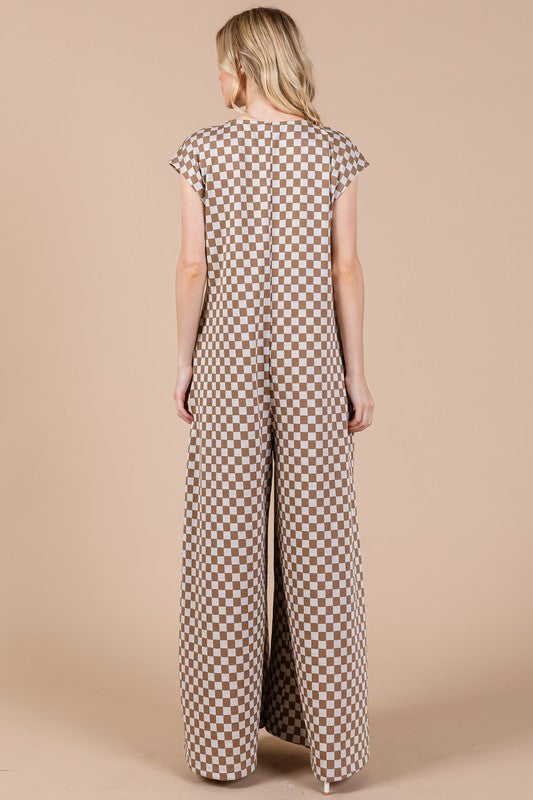 Checkered Half Button Cap Sleeve Resort Jumpsuit