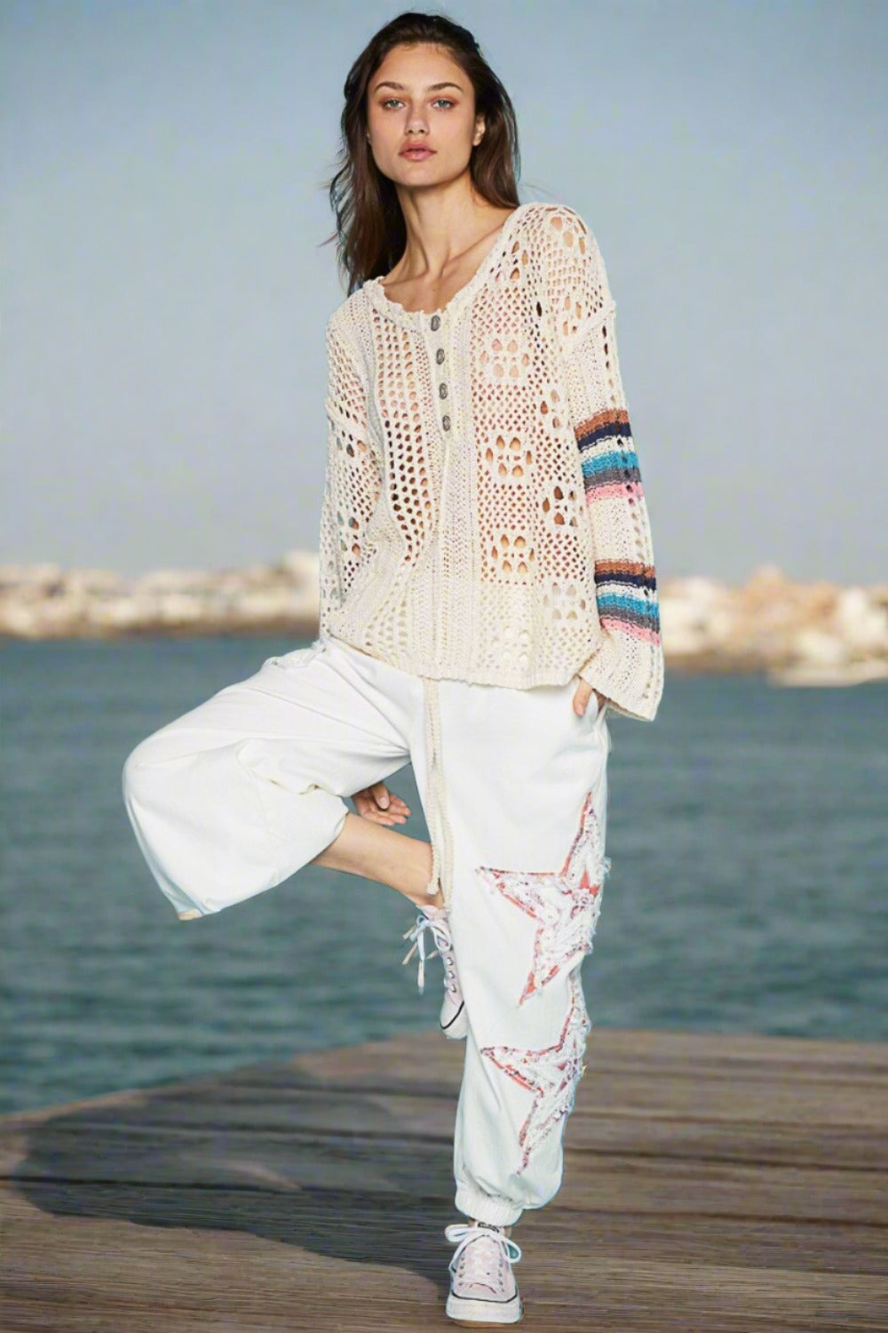 Striped Long Sleeve Knit Beach Cover Up