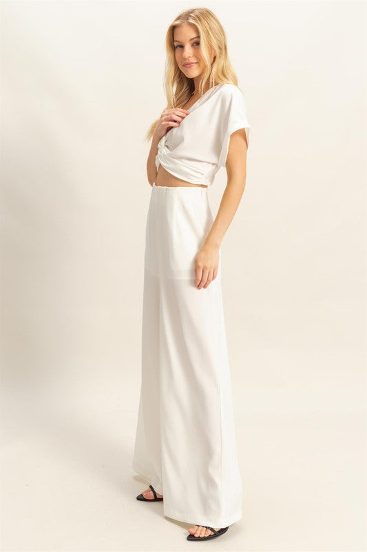 Crop Top Twisted Front Resort White Wide Leg Pants Set