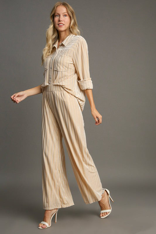 Elastic Waist Striped Wide Leg Velvet Resort Pants