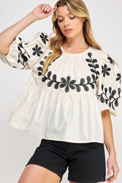 Puff-Sleeve Embroidered Peplum Blouse