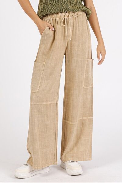 Beachy Mineral Wash Drawstring Elastic Waist Boho Pants