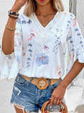 Feminine  Ruffled Printed V-Neck Half Sleeve Blouse