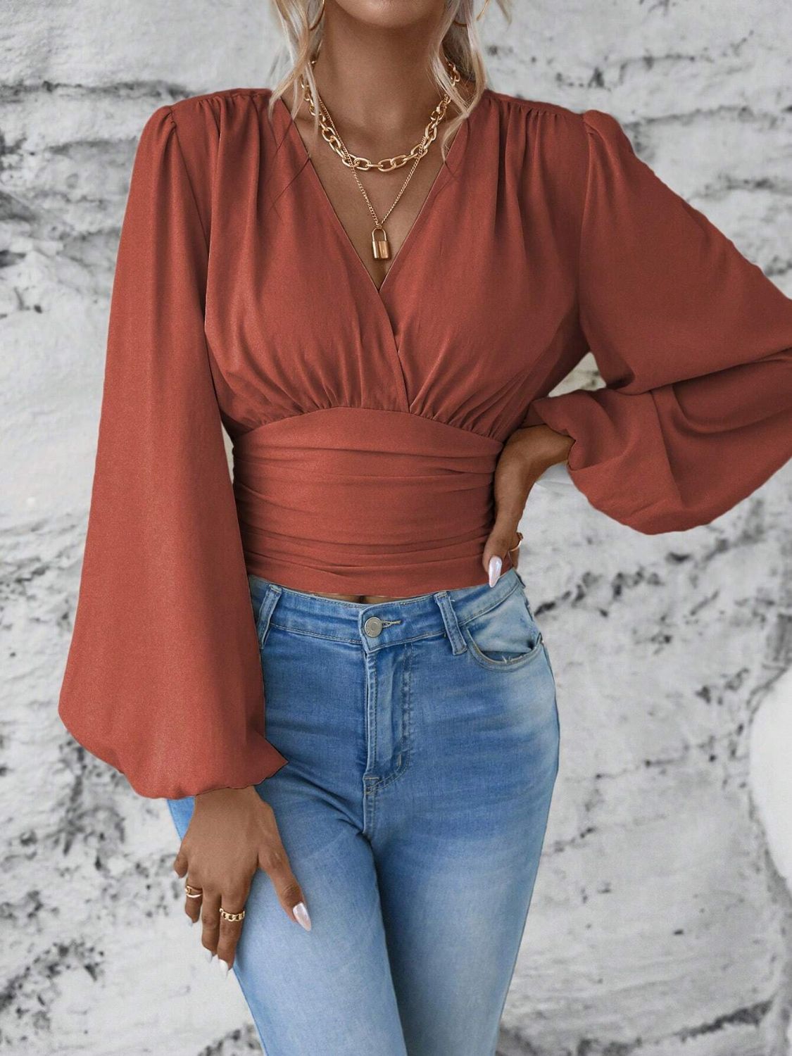 Synched Waist Balloon Sleeve Resort Top