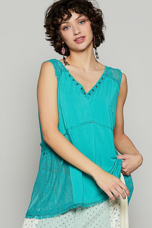 Lace Detail Studded Crisscross Back V-Neck Sleeveless Top