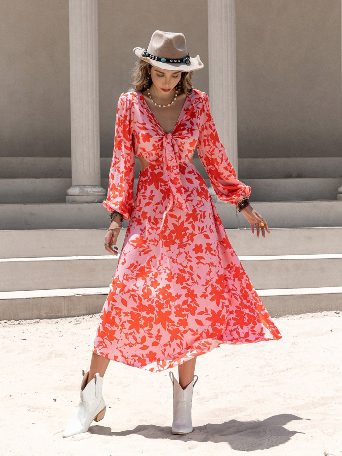 Tied Cutout Printed Long Sleeve Midi Beach Dress