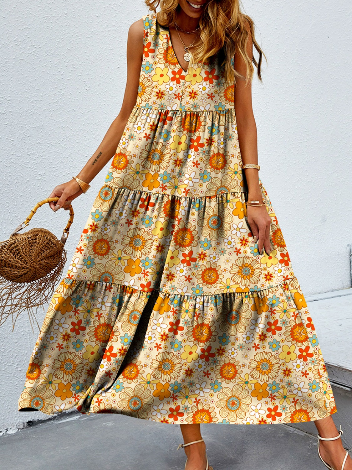 Bold Boho Tiered Summer Midi Dress