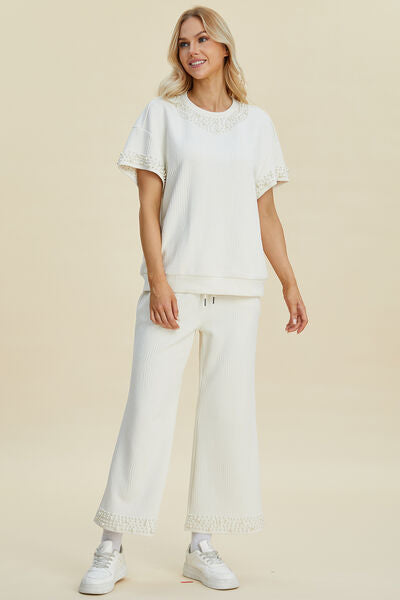 Full Size Pearl Detail Resort Top and Pants Set