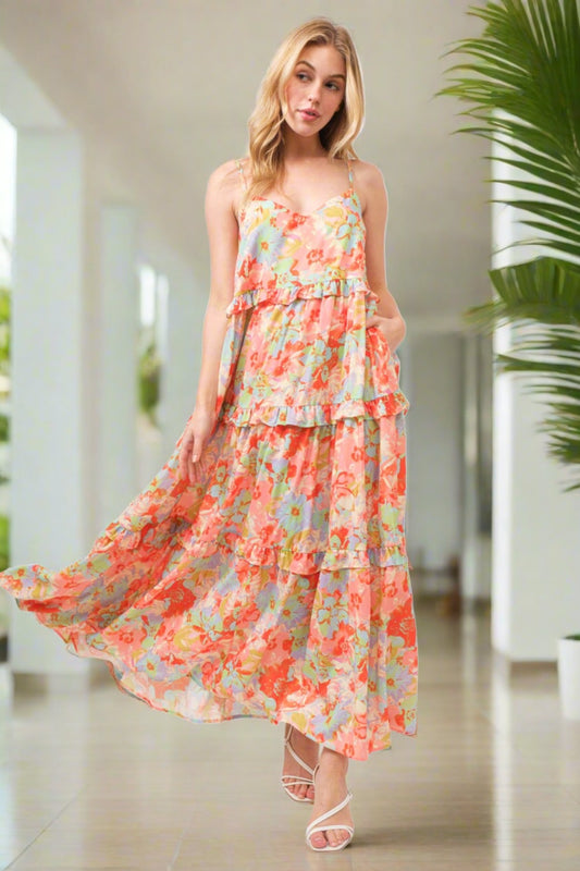 Floral Ruffled Tiered Maxi Summer Cami Dress