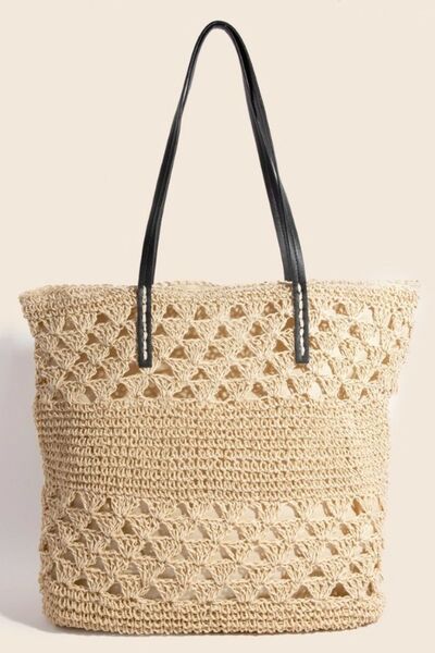 Faux Leather Handle Knitted Tote Bag