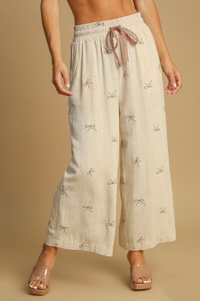 Full Size Lace Embroidered Bow Wide Leg Resort Pants