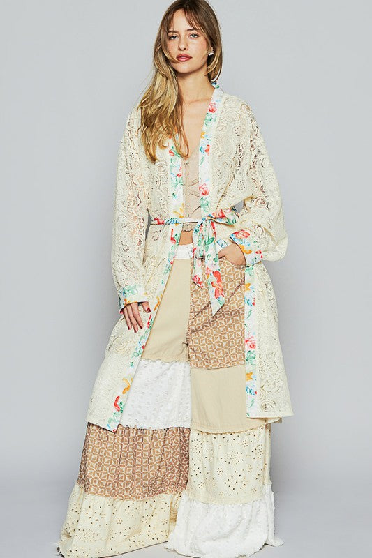 POL Floral Trim Lace Open Front Longline Cardigan