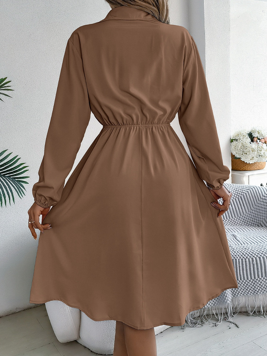 Collared Neck Long Sleeve Midi Dress with Pockets