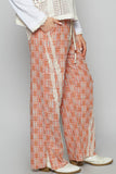 Lace Trim Drawstring Checkered Wide Leg Boho Beach Pants