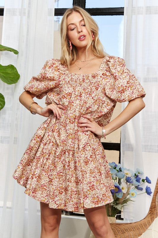 Floral Square Neck Puff Sleeve Summer Mini Dress