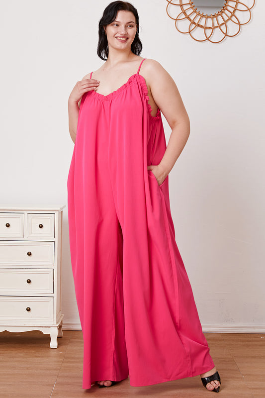 Plus Size Ruffle Trim Tie Back Cami Jumpsuit with Pockets
