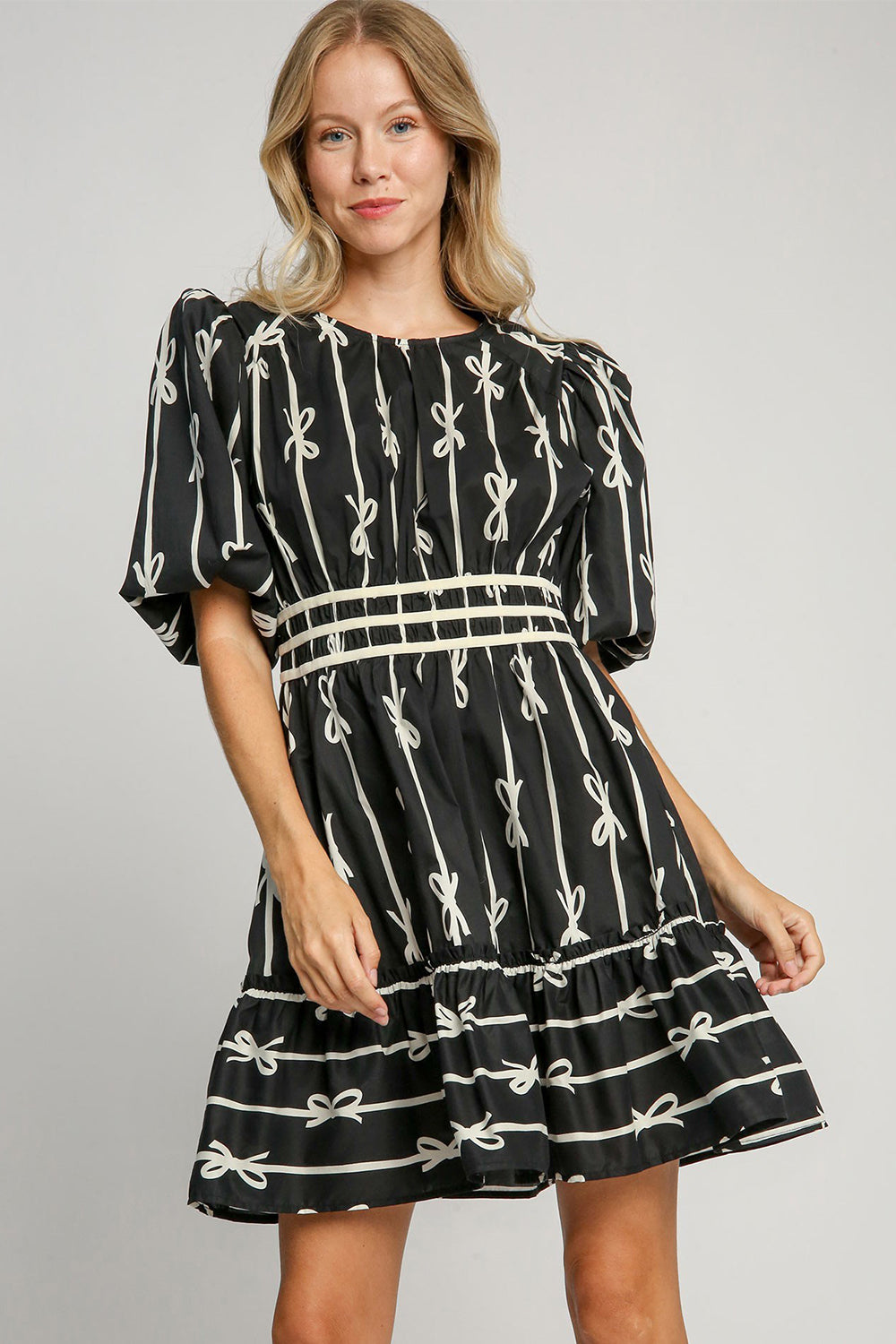 Ribbon Print Frill Contrast Velvet Trim Resort Dress