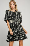 Ribbon Print Frill Contrast Velvet Trim Resort Dress