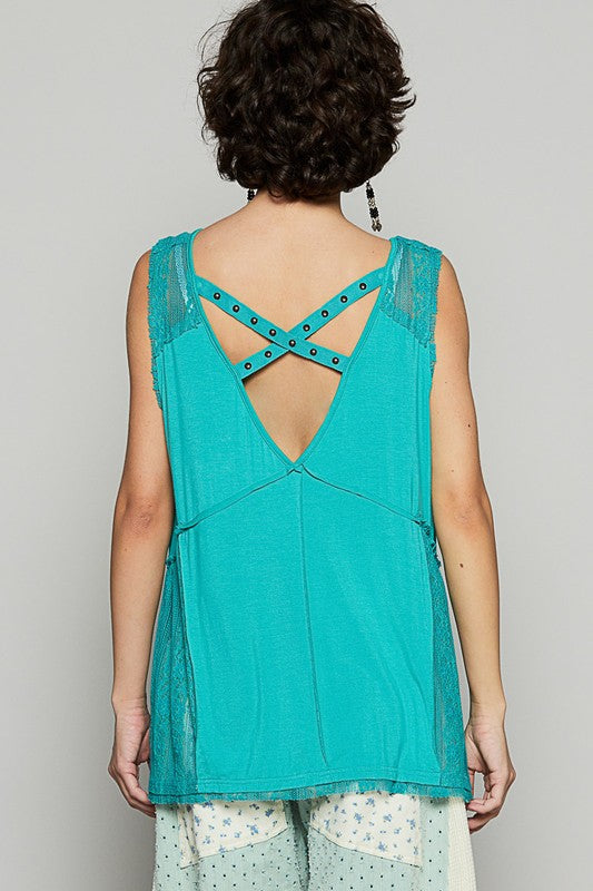 Lace Detail Studded Crisscross Back V-Neck Sleeveless Top