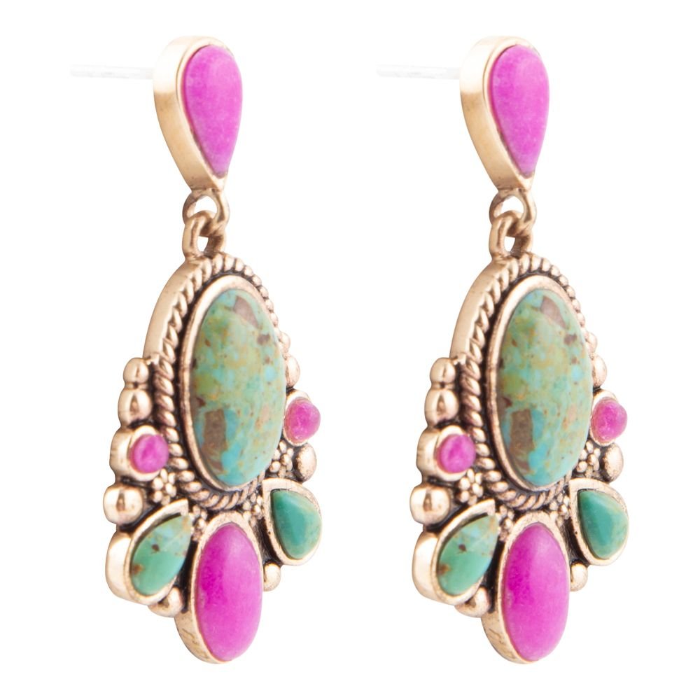Artisan Handmade Barcelona Blue Turquoise and Pink Agate Golden Drop Earrings