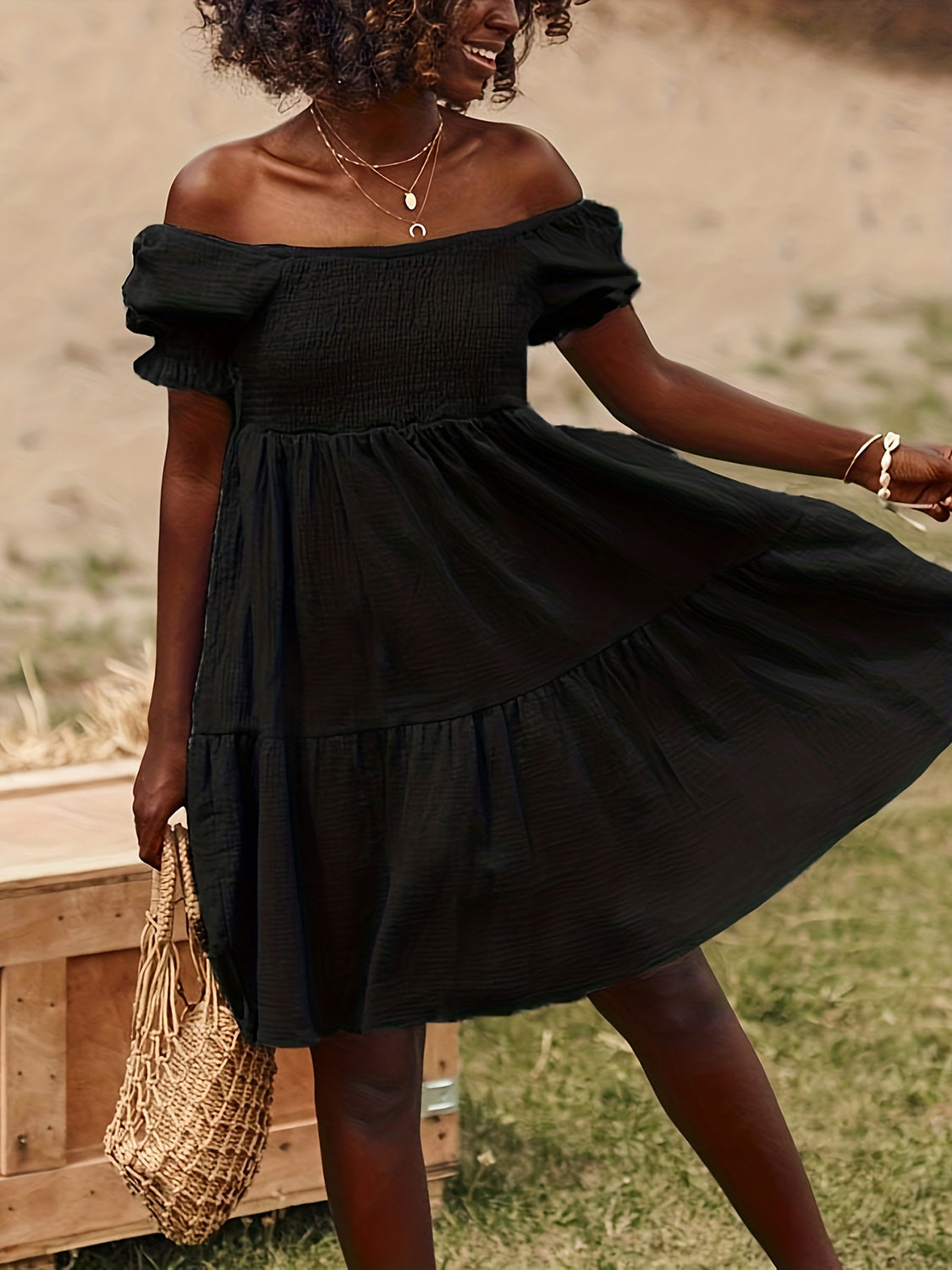 Full Size Ruffled Off-Shoulder Short Sleeve Beach Dress