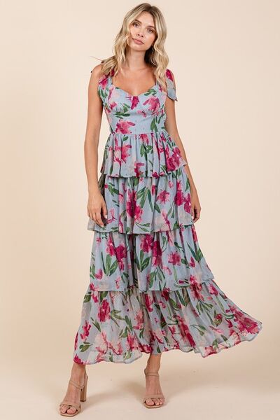 Layered Floral Sweetheart Neck Summer Maxi Dress