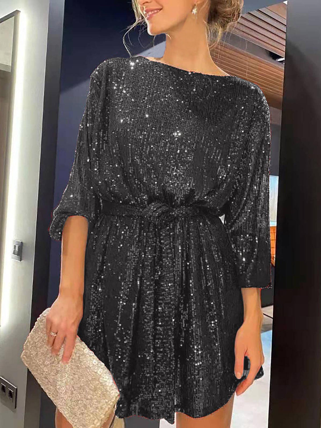 Sequin Tie Waist Long Sleeve Mini Cocktail Dress