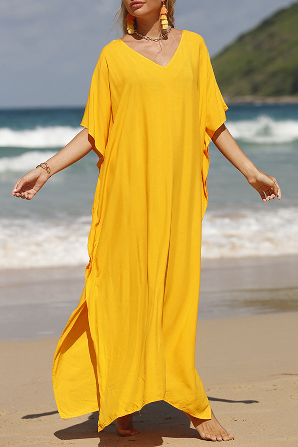 Slit V-Neck Half Sleeve Cover-Up Beach Maxi Dress