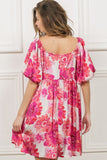 Pink Floral Square Neck Puff Sleeve Mini Summer Dress