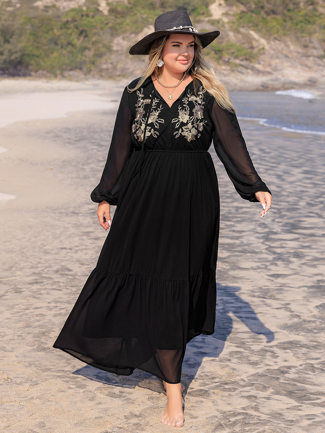 Plus Size Embroidered Tie Neck Long Sleeve Beach Maxi Dress