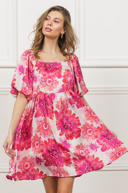 Pink Floral Square Neck Puff Sleeve Mini Summer Dress