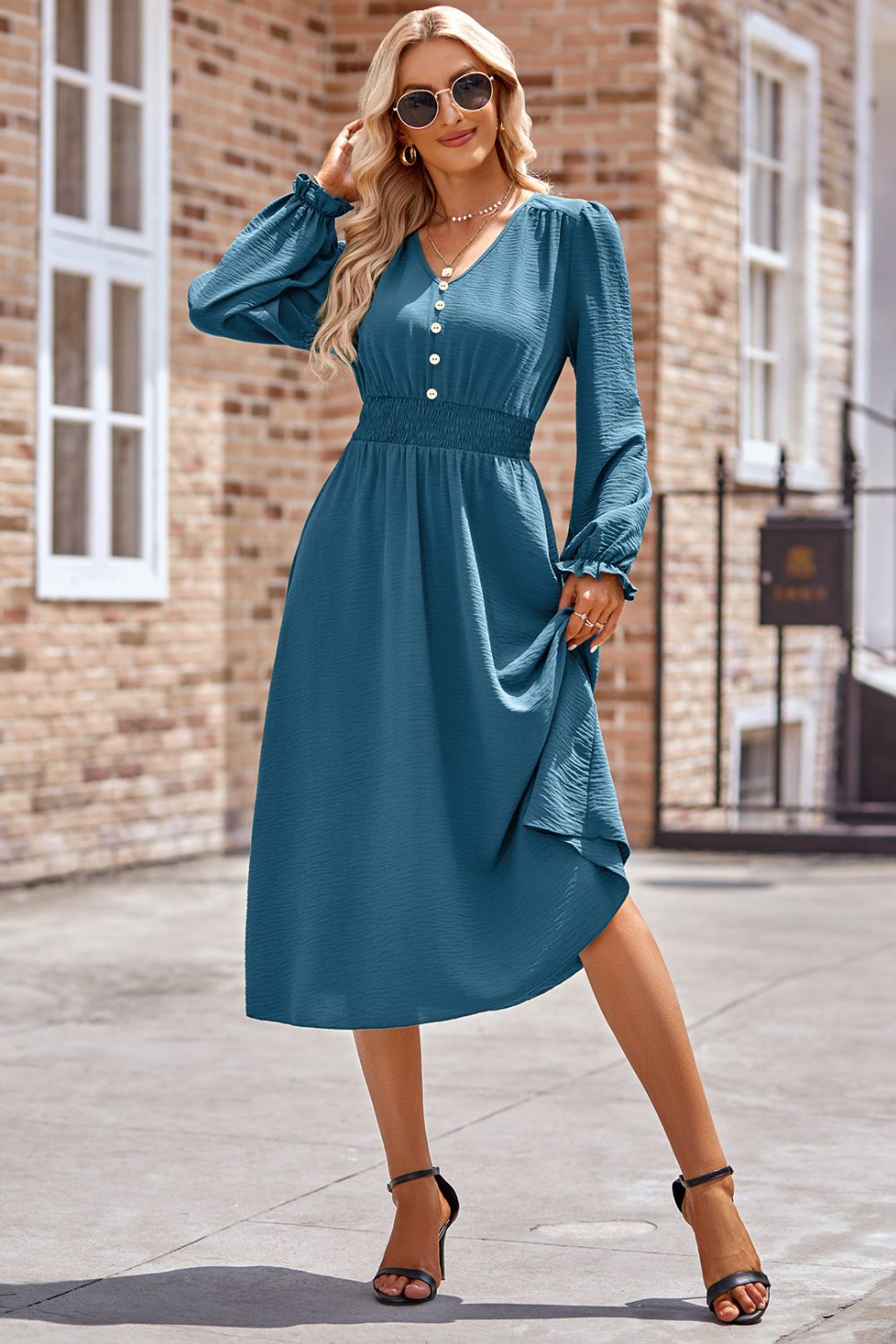 Flounce Sleeve Midi Work Dress