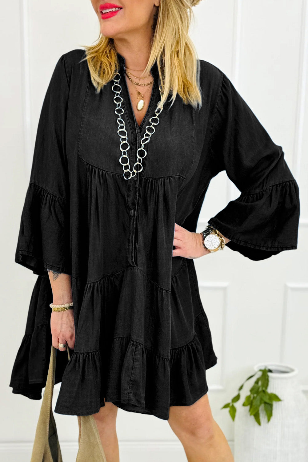 Three-Quarter Sleeve Black Denim Resort or Summer Dress