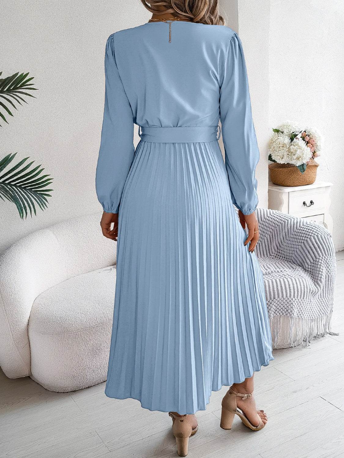 Pleated Tied V-Neck Long Sleeve Midi Dress