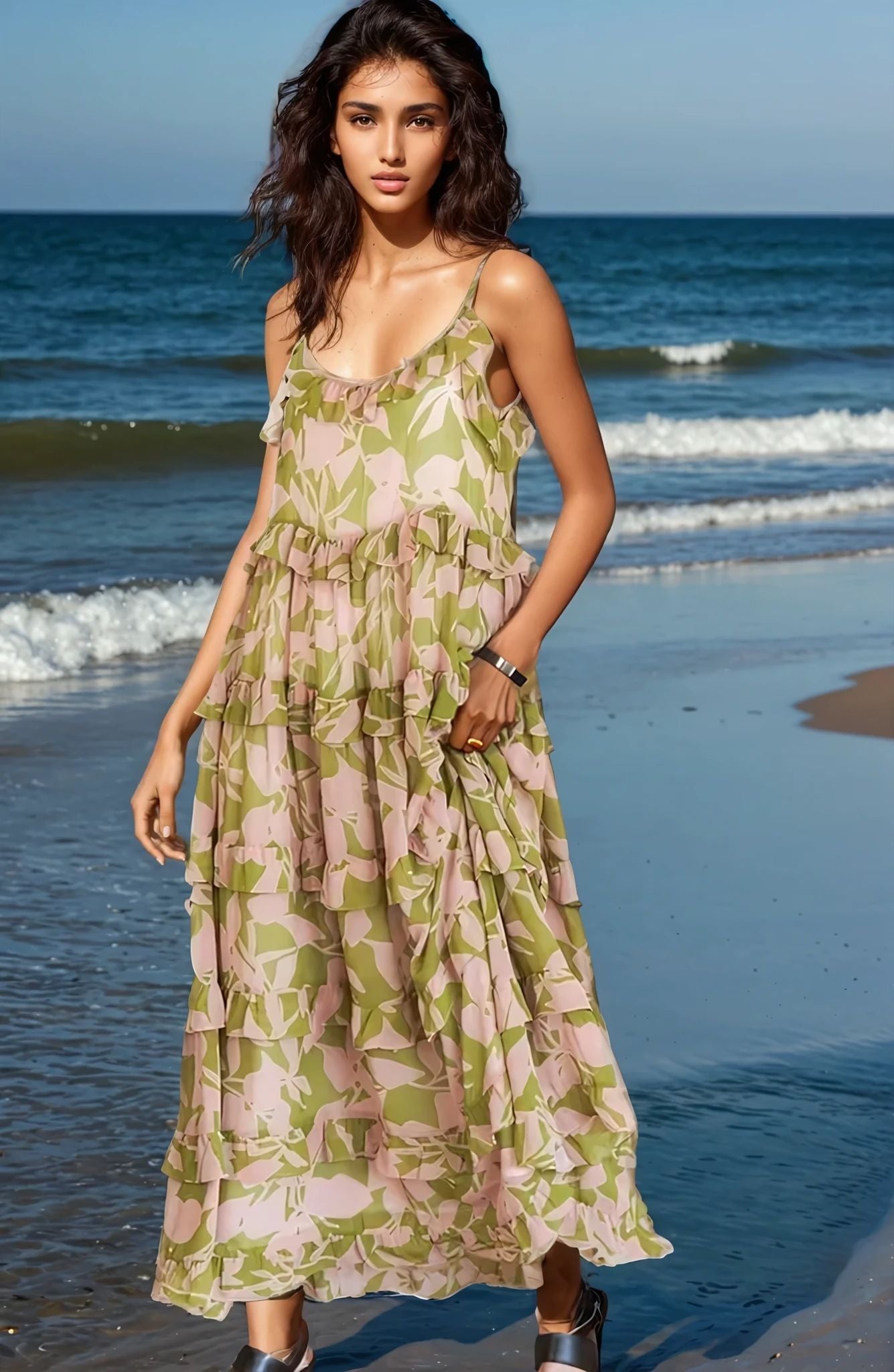 Ruffled Tiered Romantic Resort Cami Beach Maxi Dress