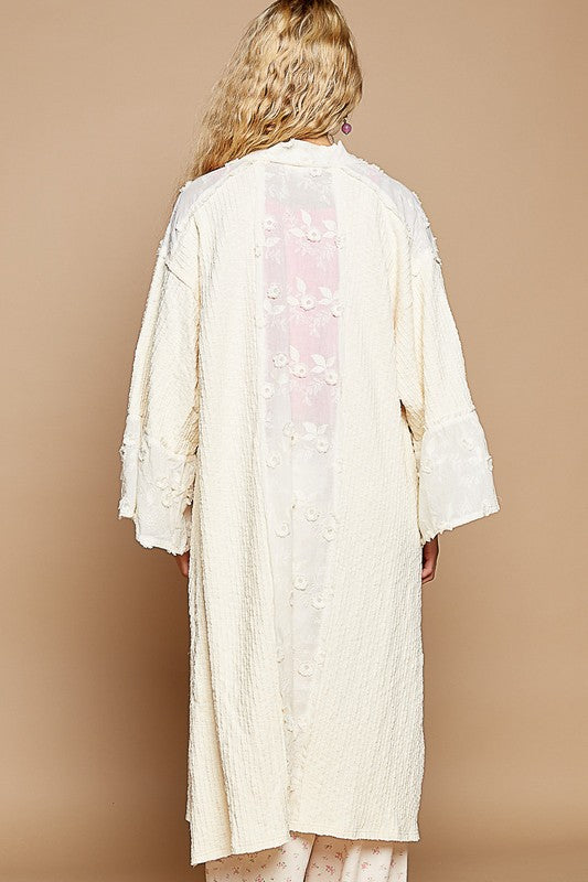 Beachy Romantic Boho Flower Lace Trim Open Front Longline Cardigan