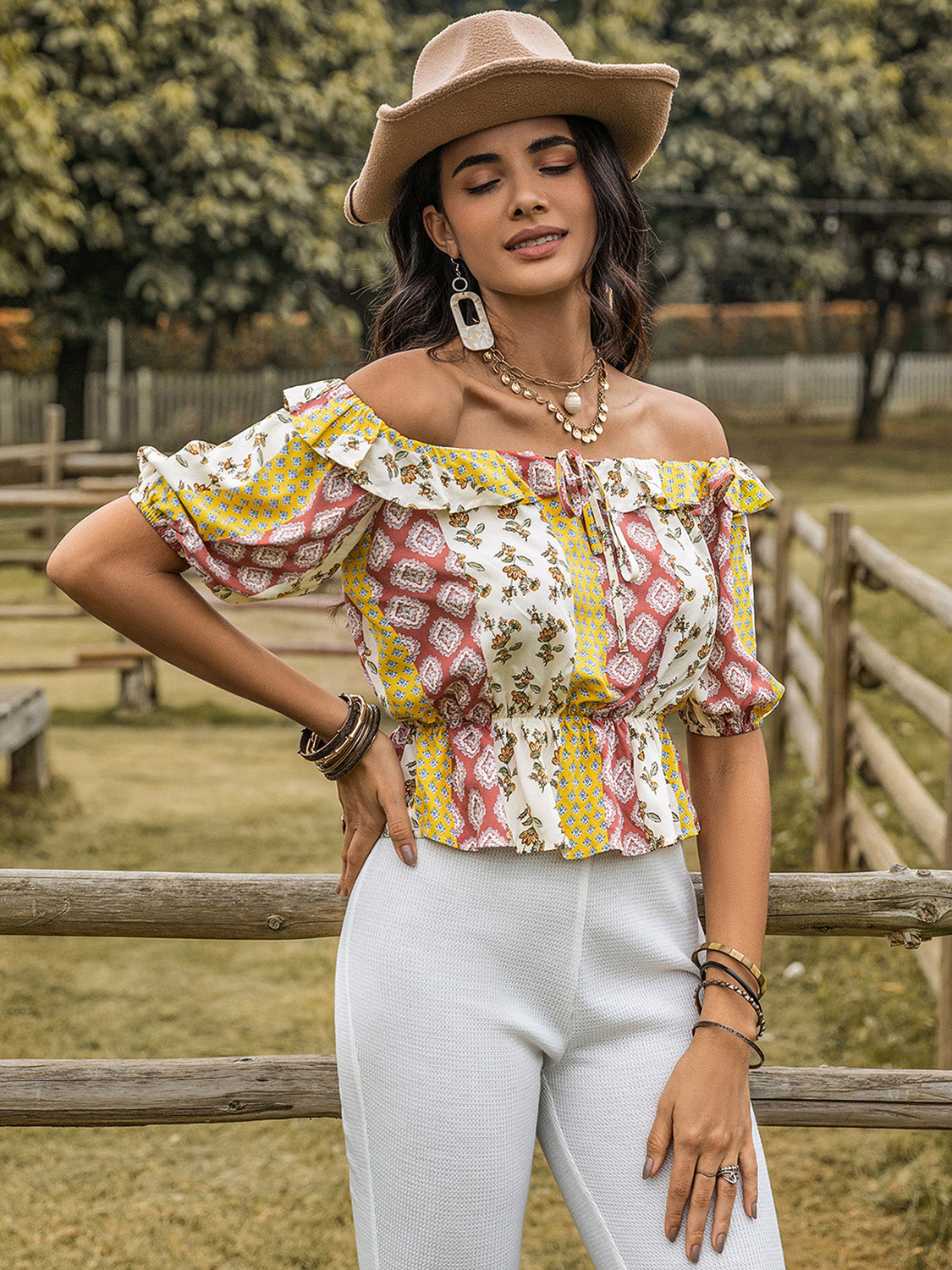 Ruffled Off-Shoulder Short Sleeve Boho Top