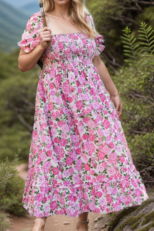 Plus Size Floral Short Sleeve Midi Summer Dress