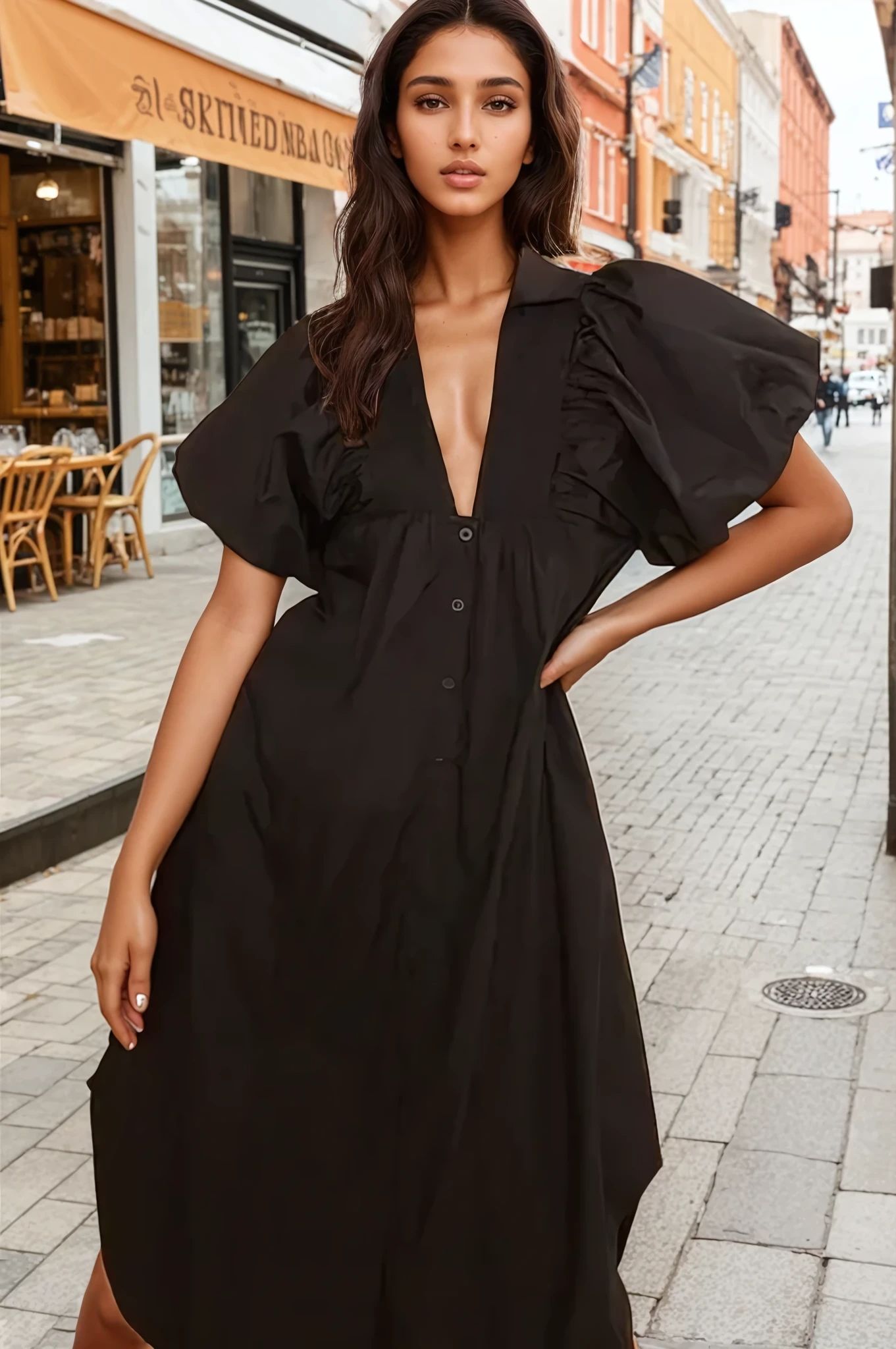 Black Puff Sleeve Midi Resort Dress