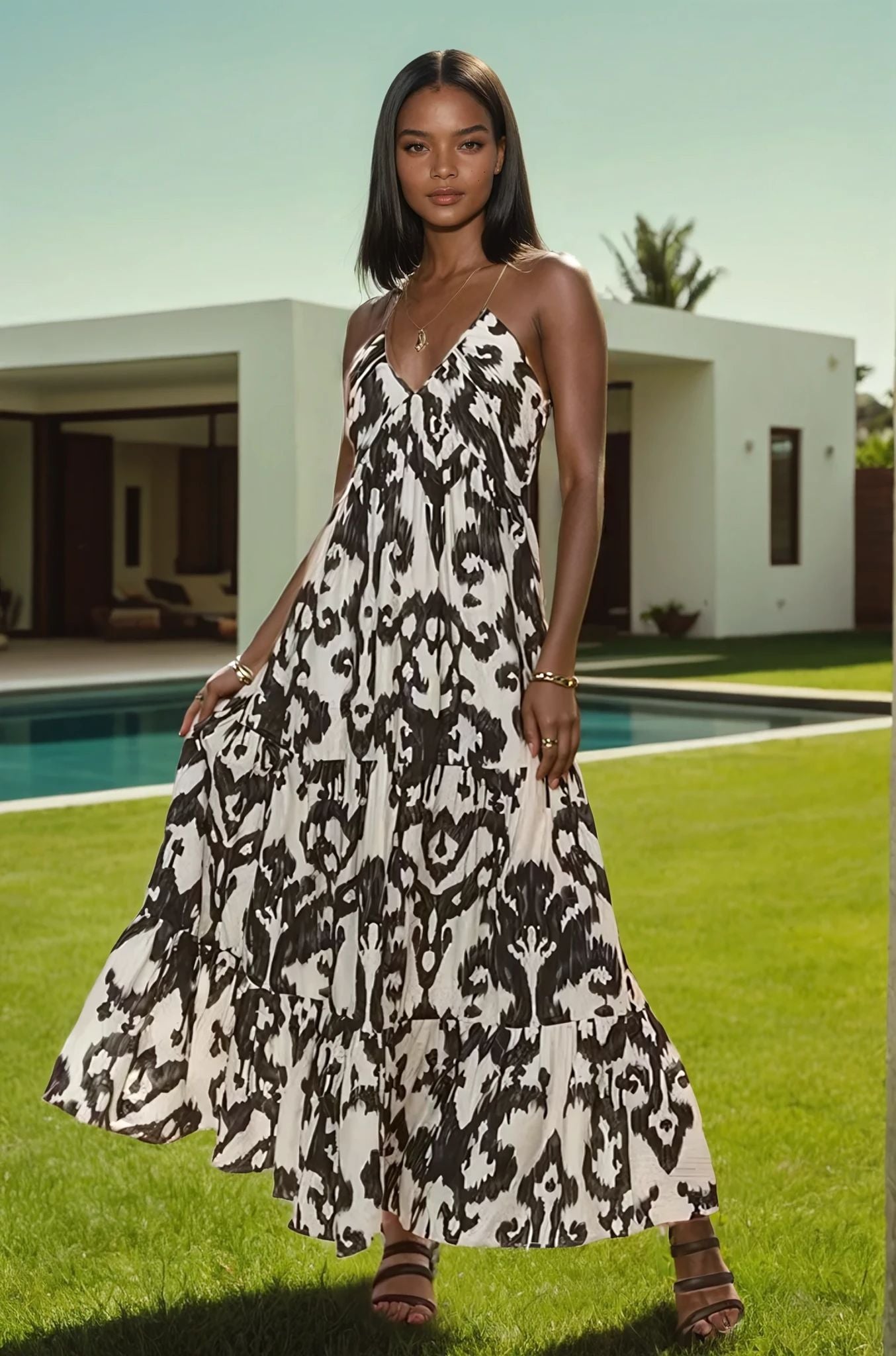 Black Two Toned Resort V-Neck Maxi Dress