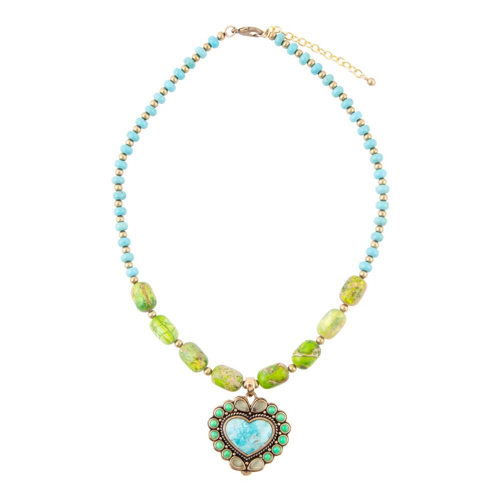 Artisan Handcrafted Legacy Heart Lime Green and Blue Turquoise Golden Pendant Necklace
