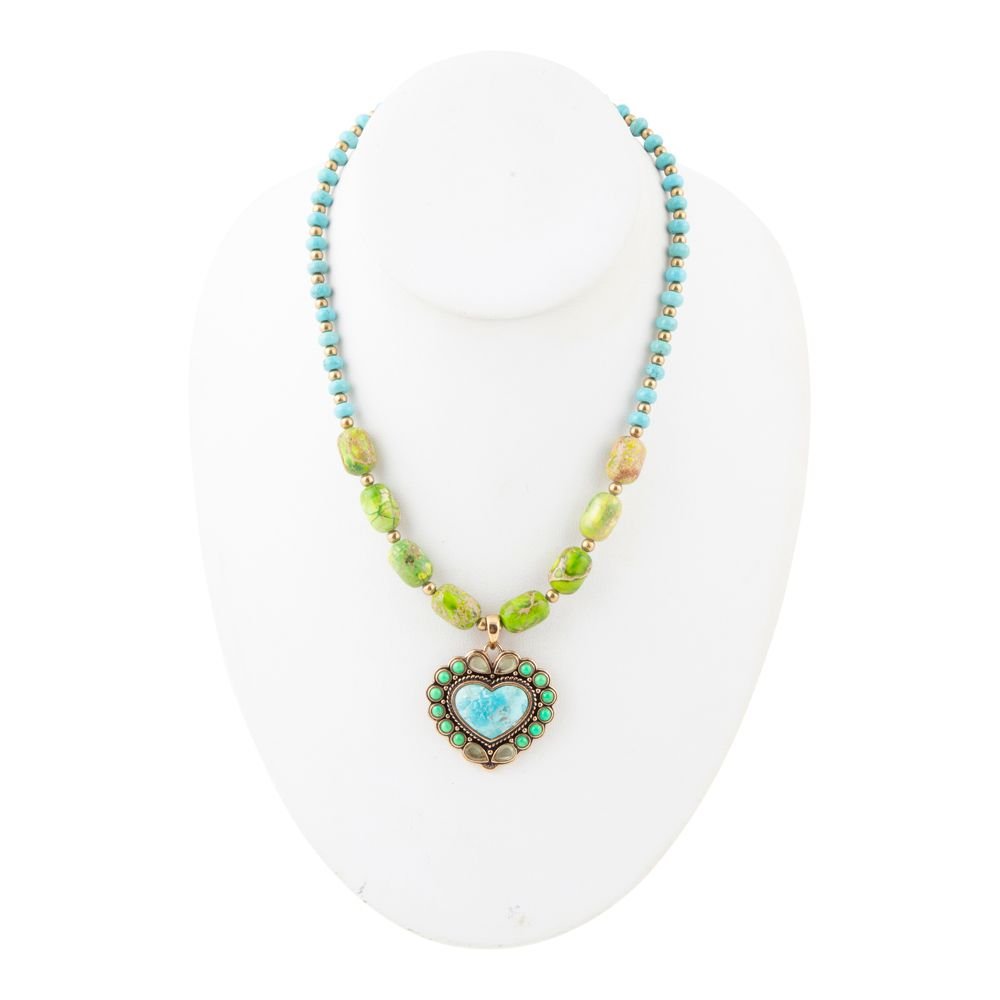 Artisan Handcrafted Legacy Heart Lime Green and Blue Turquoise Golden Pendant Necklace