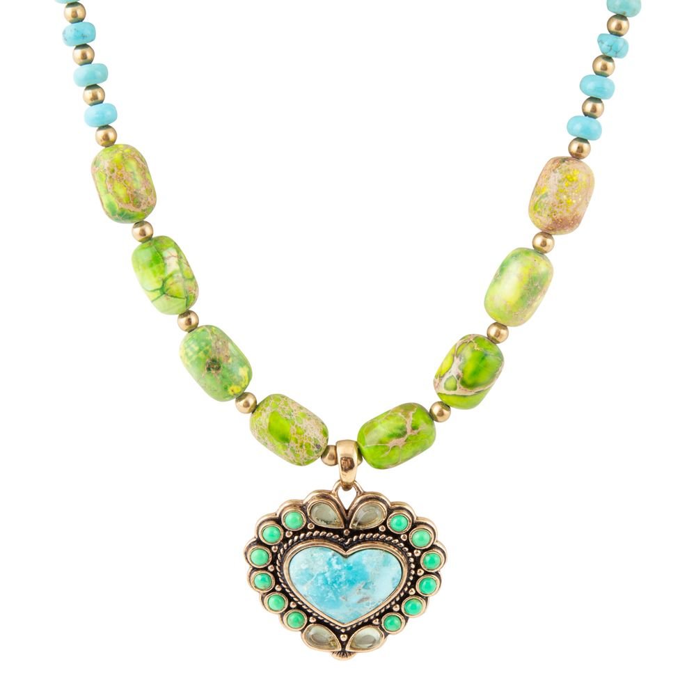 Artisan Handcrafted Legacy Heart Lime Green and Blue Turquoise Golden Pendant Necklace