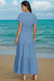 Blue Short Sleeve Beach Maxi Dress With Pockets