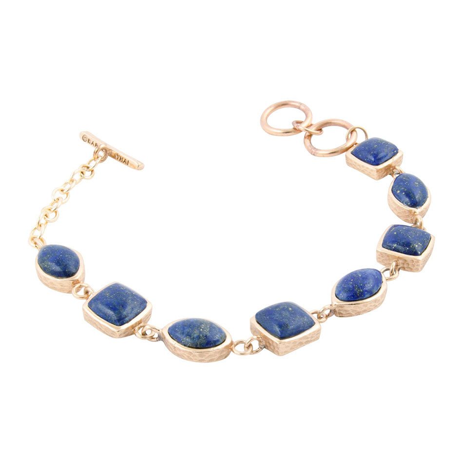 Handcrafted  Blue Lapis Hammered Link Golden Bracelet